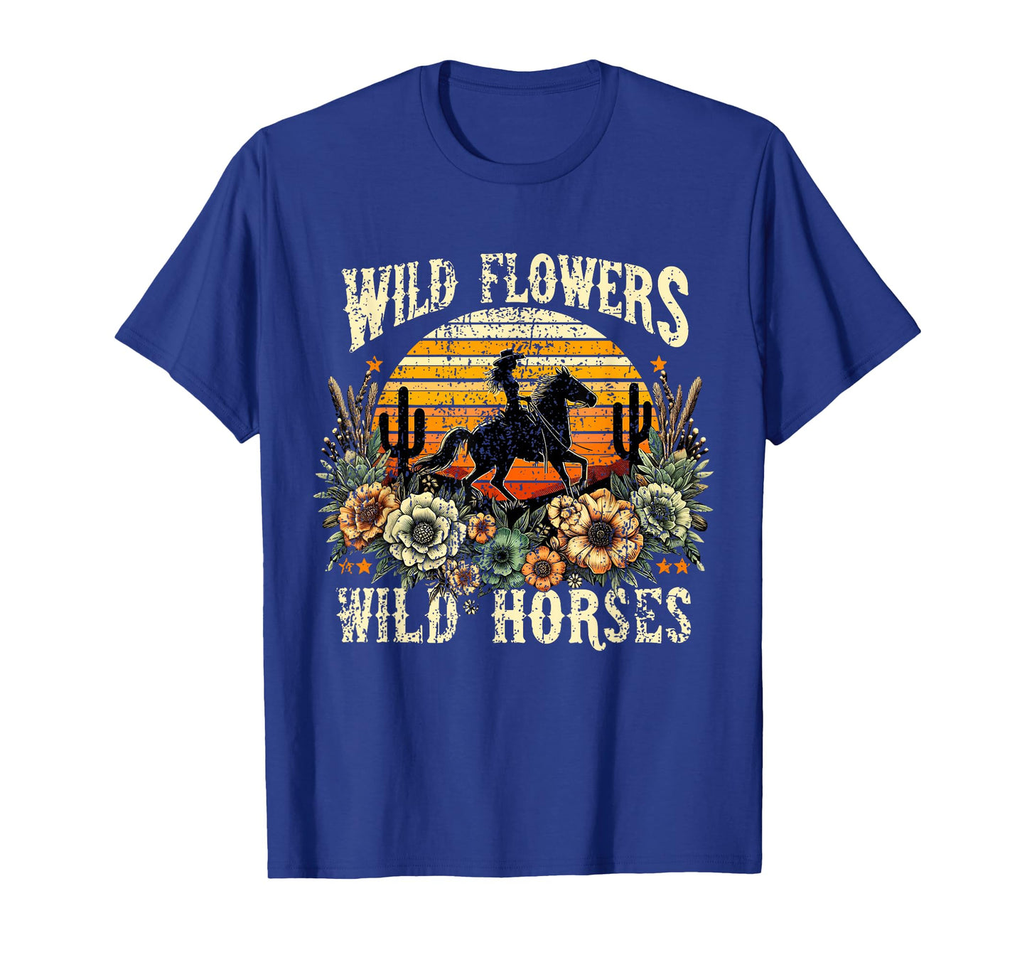 Retro Cowgirl Wild Flowers - Wild Horses Vintage Style T-Shirt