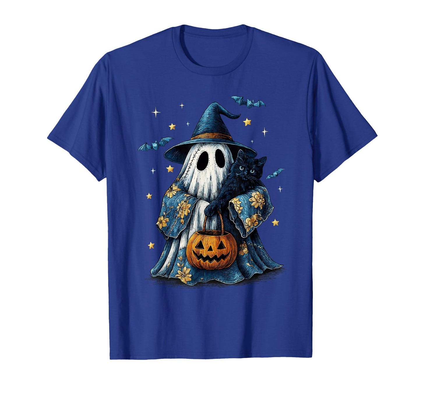 Vintage Halloween Ghost Holding Black Cat Groovy Floral T-Shirt