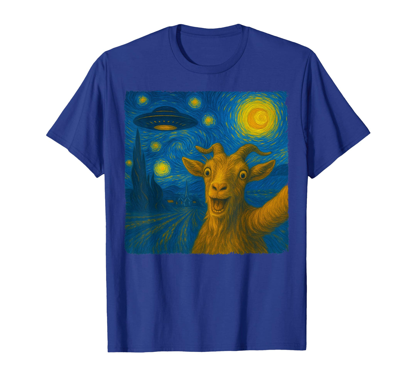 Goat Selfie with UFO Starry Night Van Gogh Art Men Women Kid T-Shirt