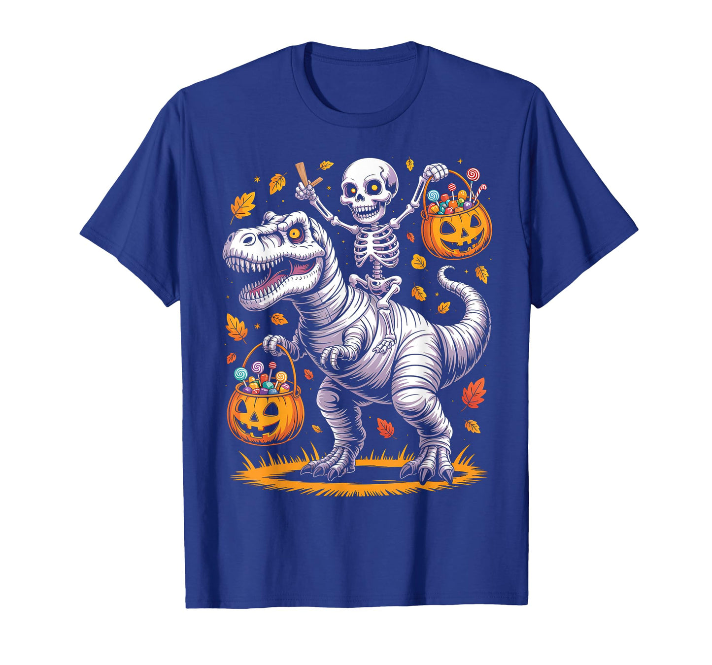 Skeleton Riding Mummy Dinosaur T rex Halloween Funny Pumpkin T-Shirt