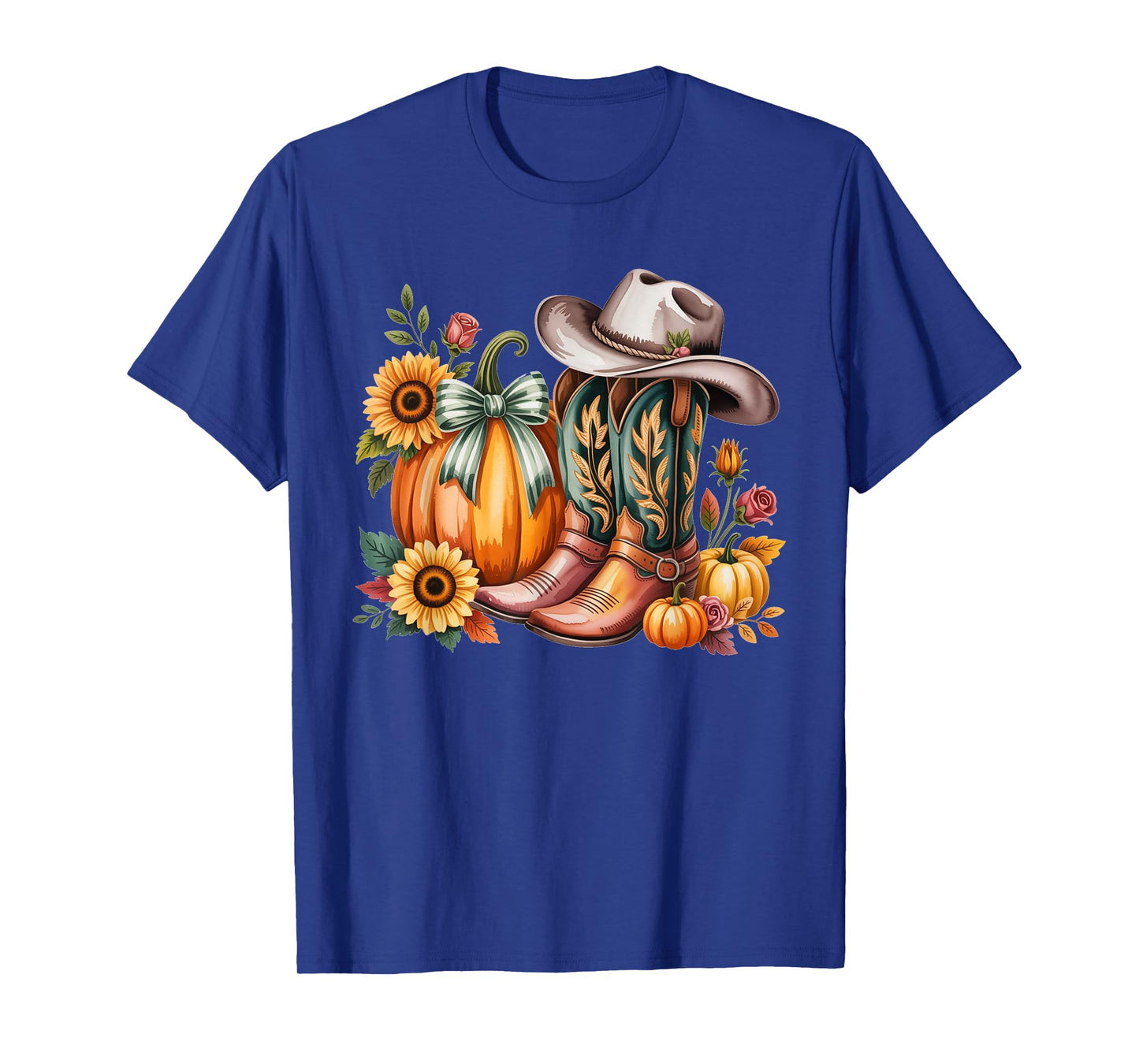 Women Western Fall Pumpkin Sunflower Cowboy Boots Girls USA T-Shirt