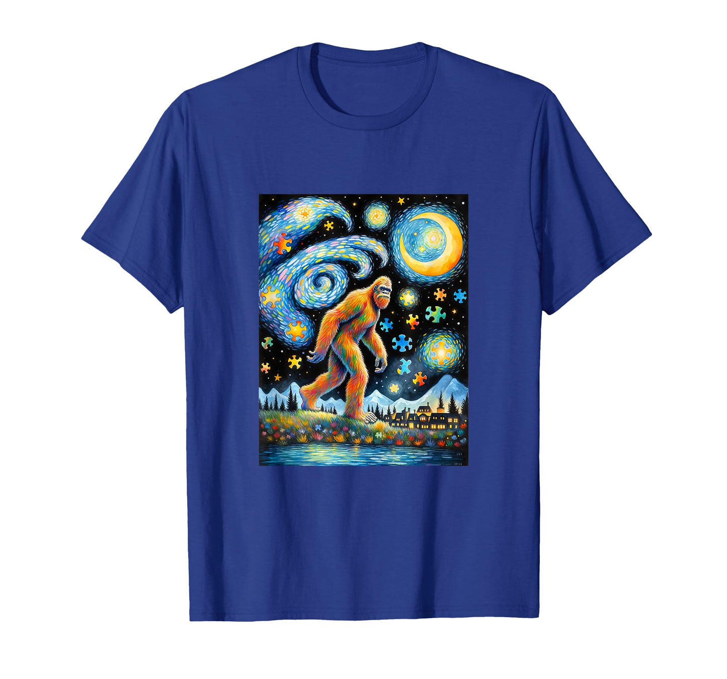 Bigfoot Autism Awareness Sasquatch Starry Night Van Gogh T-Shirt