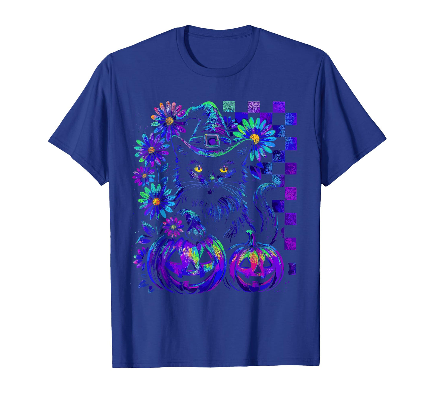 Retro Floral Checkered and Witch Cat with Pumpkins Halloween T-Shirt