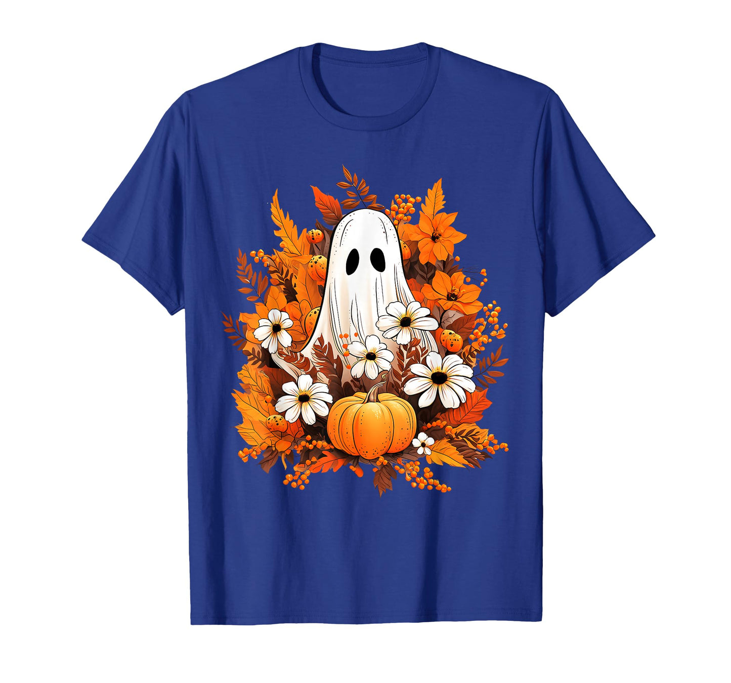 Vintage Halloween Ghost Pumpkin Daisy Floral Autumn Spooky T-Shirt