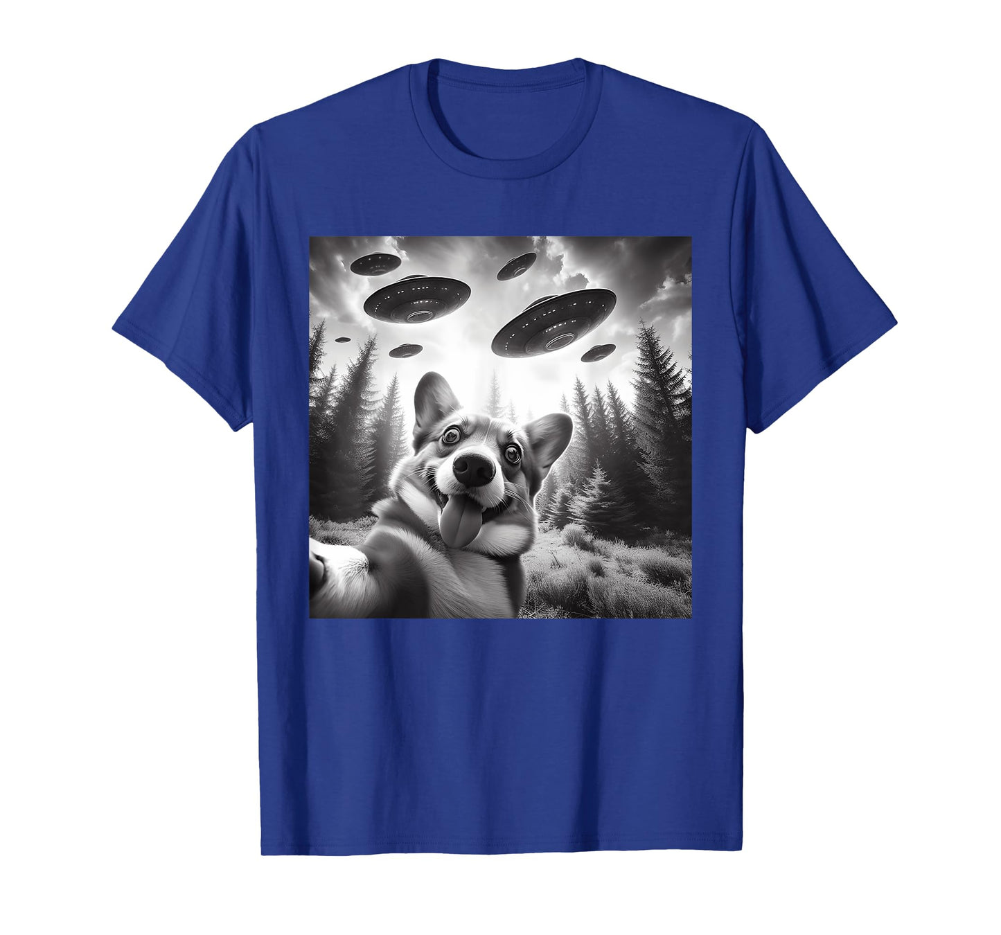 Corgi Dog Taking Selfie with UFOs Outer Space Alien Geeks Men Women Kids T-Shirt
