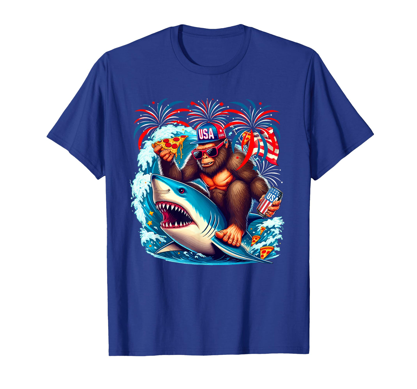 Bigfoot Riding Shark With Beer Pizza 4th Of July Patriotic T-Shirt