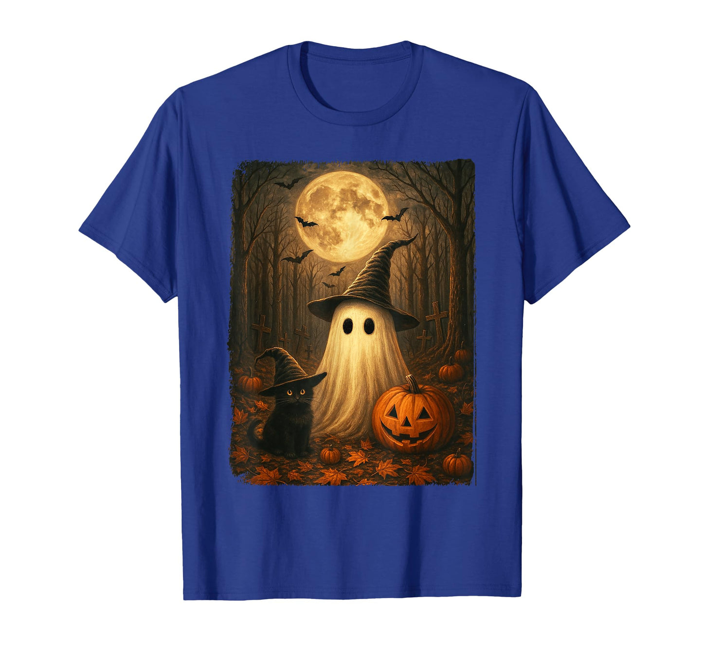 Cute Ghost Black Cat Halloween Witch Pumpkin Dark Forest T-Shirt