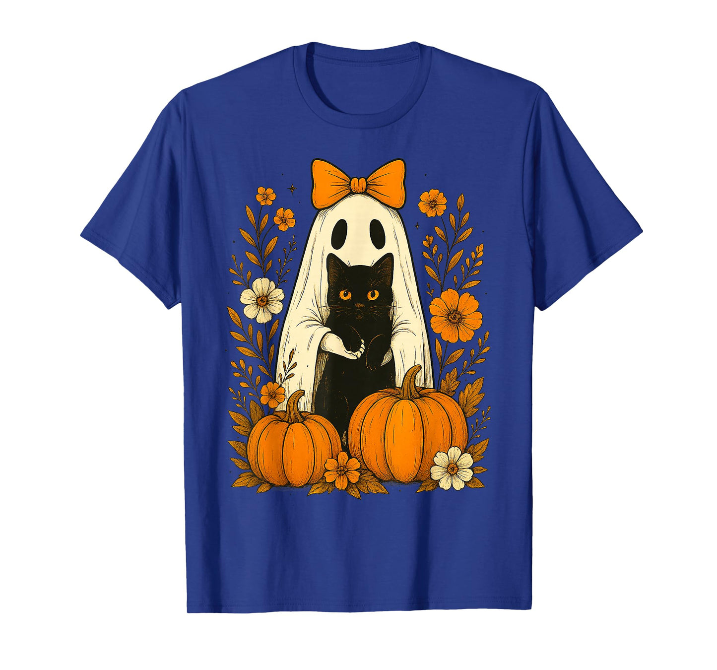 Cute Ghost Black Cat Halloween Pumpkin Groovy Floral Gifts T-Shirt