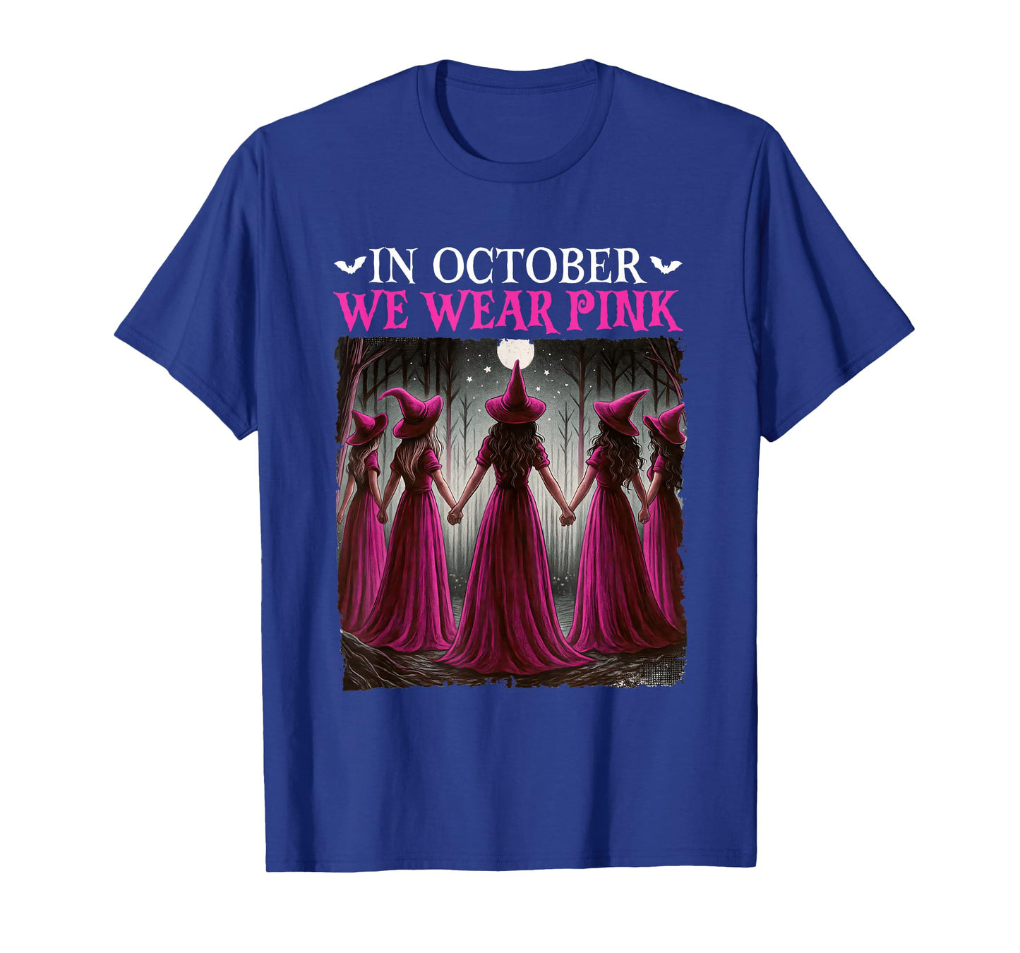 in October We Wear Pink Witch Halloween Breast Cancer Women T-Shirt