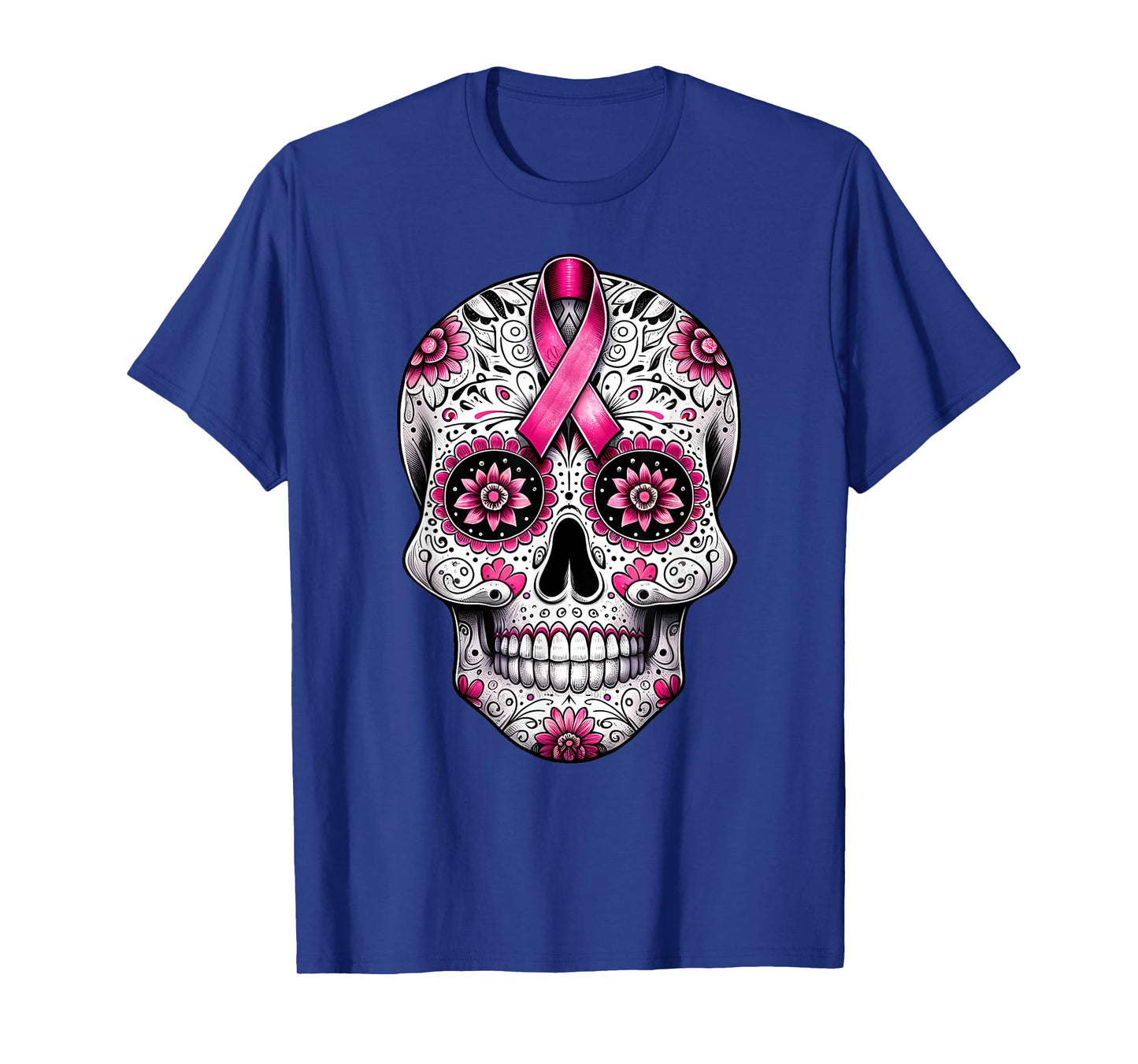 Pink Ribbon Sugar Skull Calavera Breast Cancer Awareness T-Shirt
