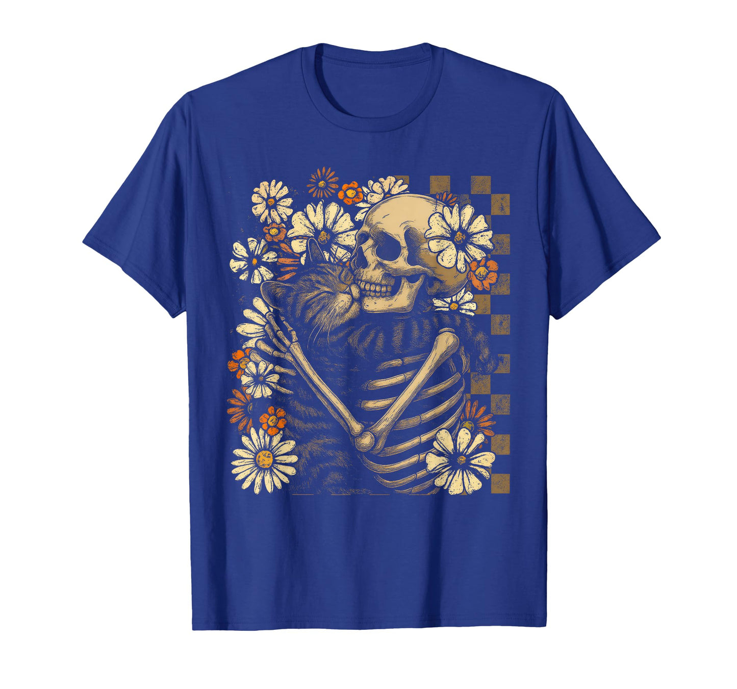 Floral Skeleton Hugging Cat Halloween Cat Lover Cat Mom Dad T-Shirt