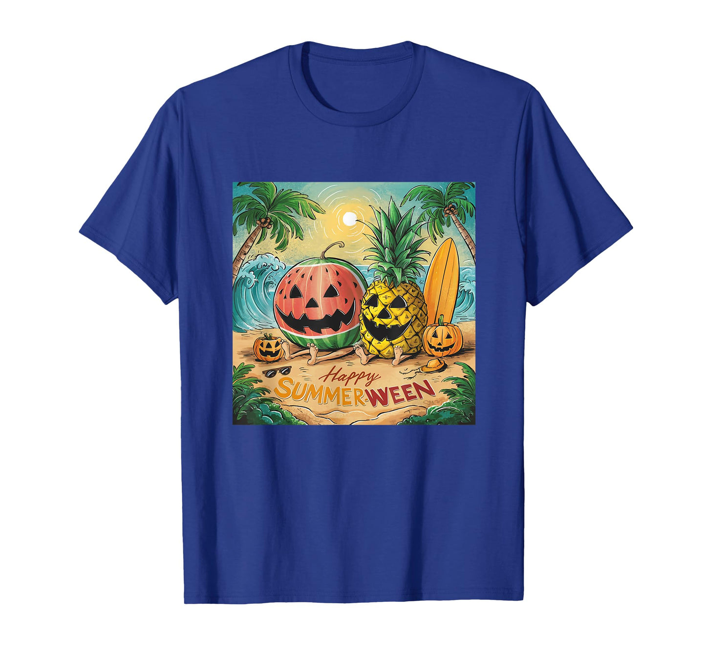 Happy Summerween Watermelon Pineapple Beach Vibes Halloween T-Shirt for Men Women Kids