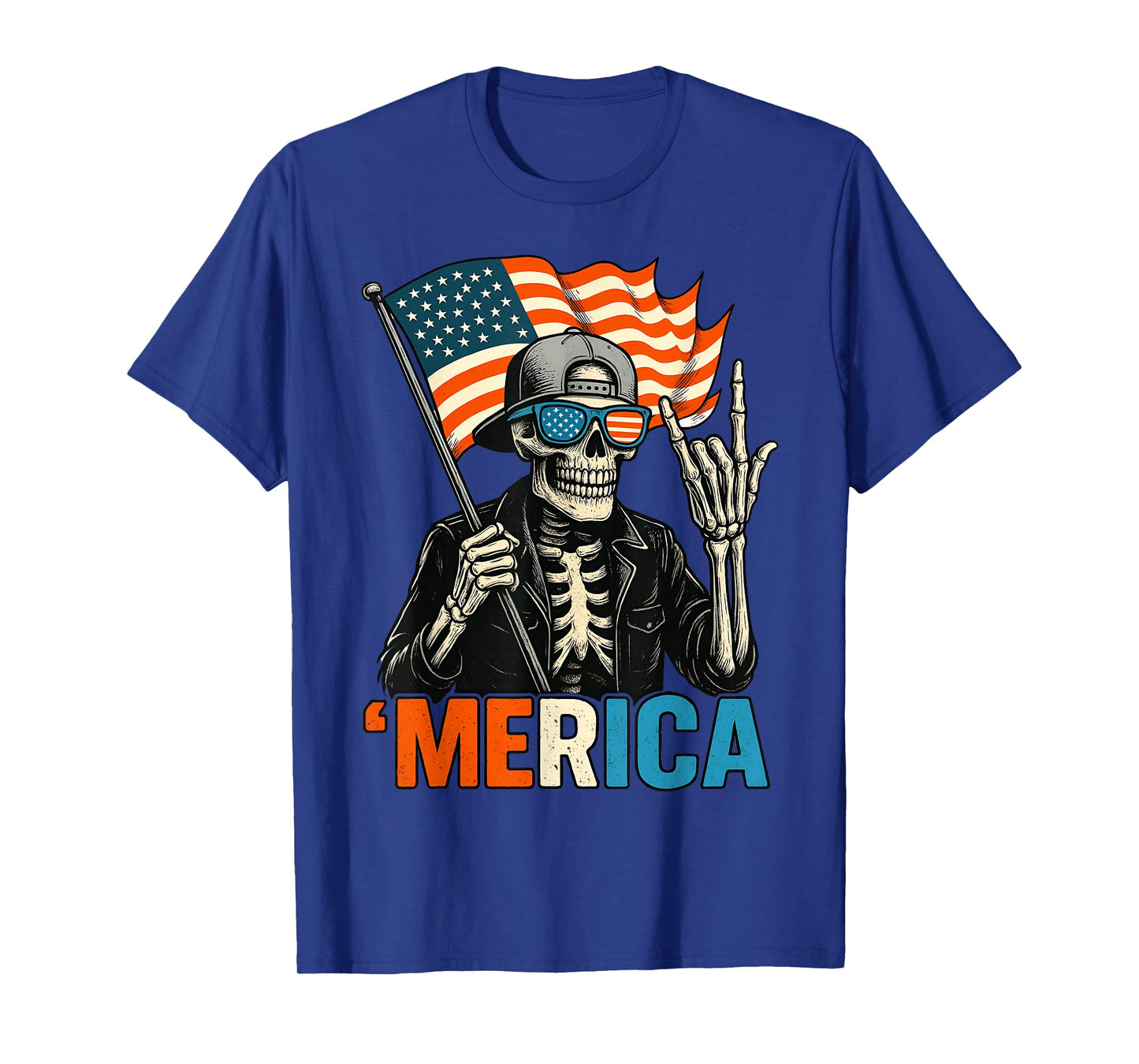 Skeleton Merica Rock American Flag Patriotic USA 4th Of July T-Shirt