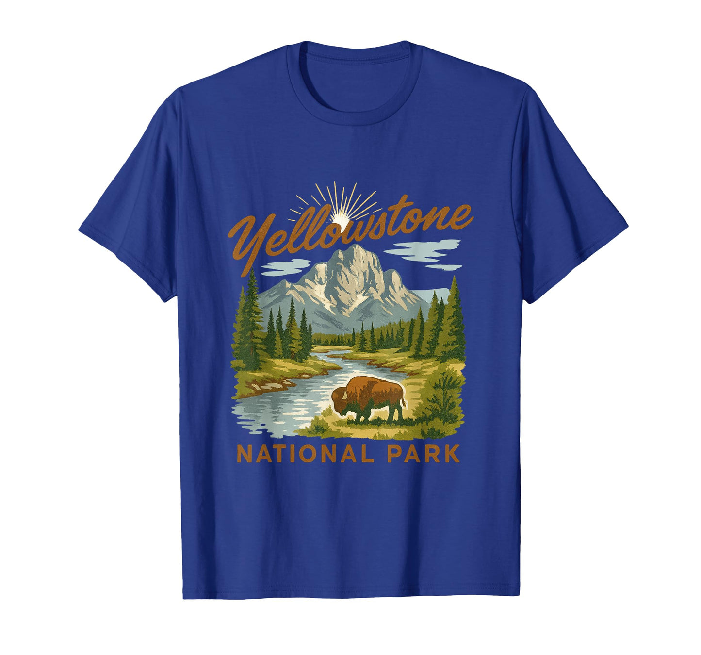 Yellowstone National Park Bison Mountain River Retro Tee T-Shirt