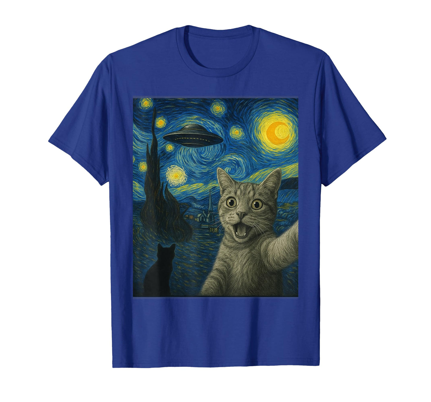 Cat Selfie With Alien UFO Cat Starry Night Van Gogh Cat T-Shirt