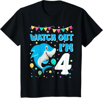 Kids Watch Out Shark I'm 4 Years Old Birthday Boy Back to School T-Shirt