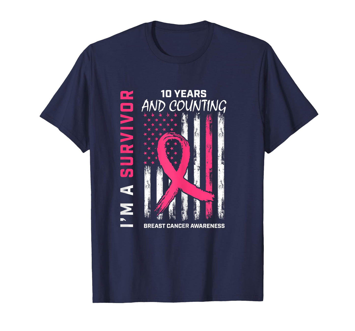 10 Year Survivor Gifts Pink Breast Cancer Free American Flag T-Shirt for Women