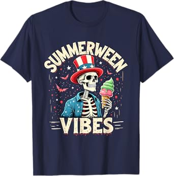 Summerween Skeleton Ice Cream Patriotic Creepy Fun T-Shirt