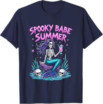 Spooky Babe Summer Gothic Mermaid Skeleton Crystal Ocean T-Shirt