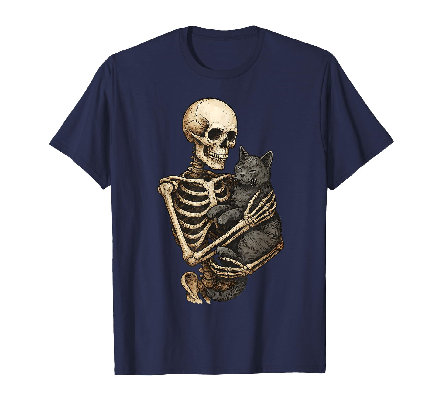 Skeleton Hugging Cat Halloween Cats Lover Cat Mom Cat Dad T-Shirt