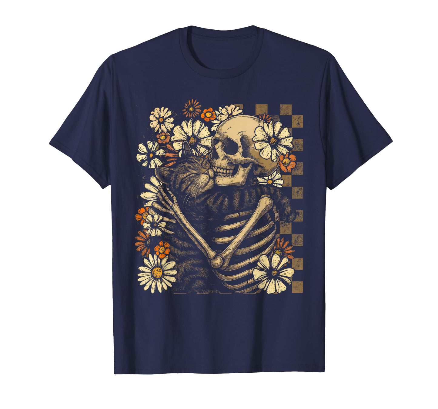 Floral Skeleton Hugging Cat Halloween Cat Lover Cat Mom Dad T-Shirt