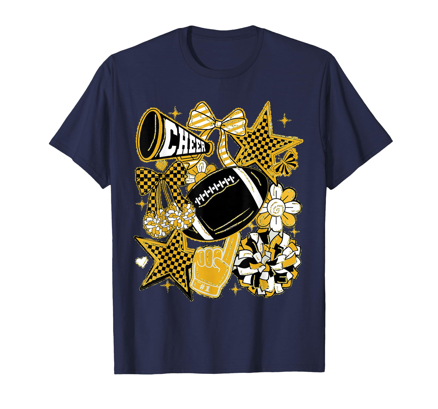 Coquette Bow Football Gold Black Game Cheer Mom Touchdown T-Shirt