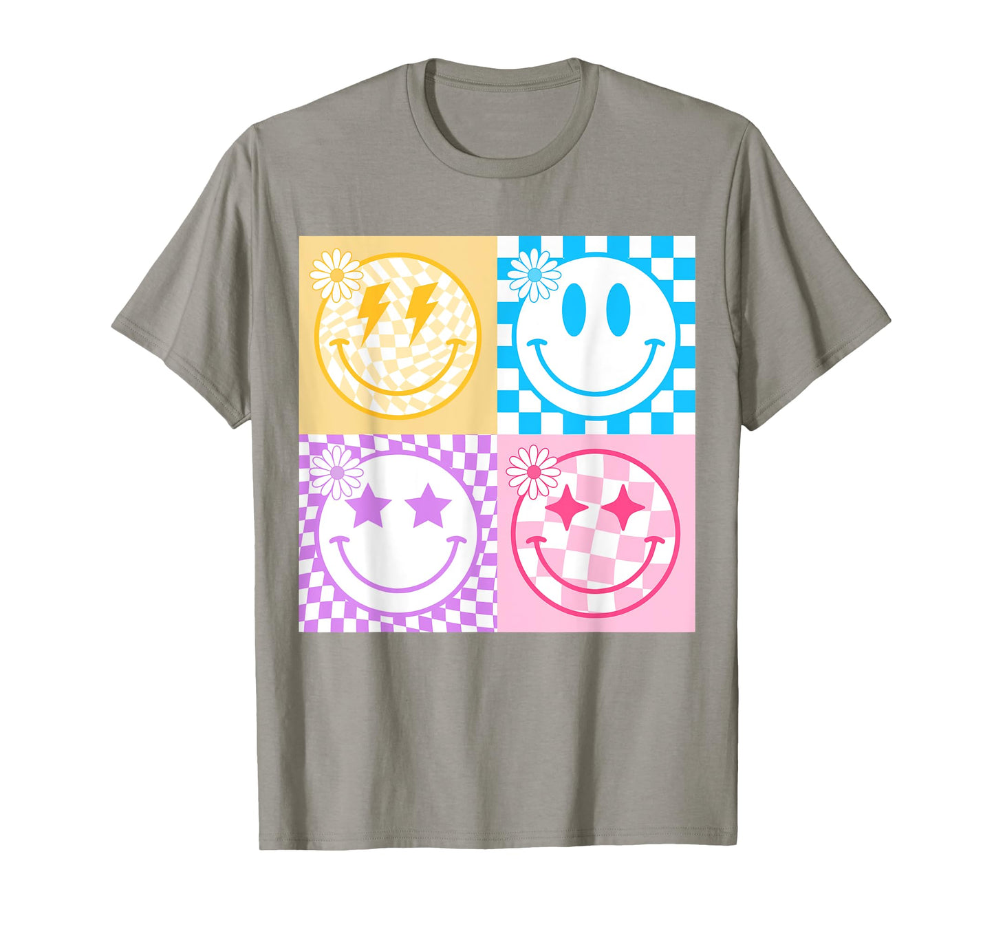 Retro Happy Face Shirt Checkered Pattern Smile Face Trendy T-Shirt