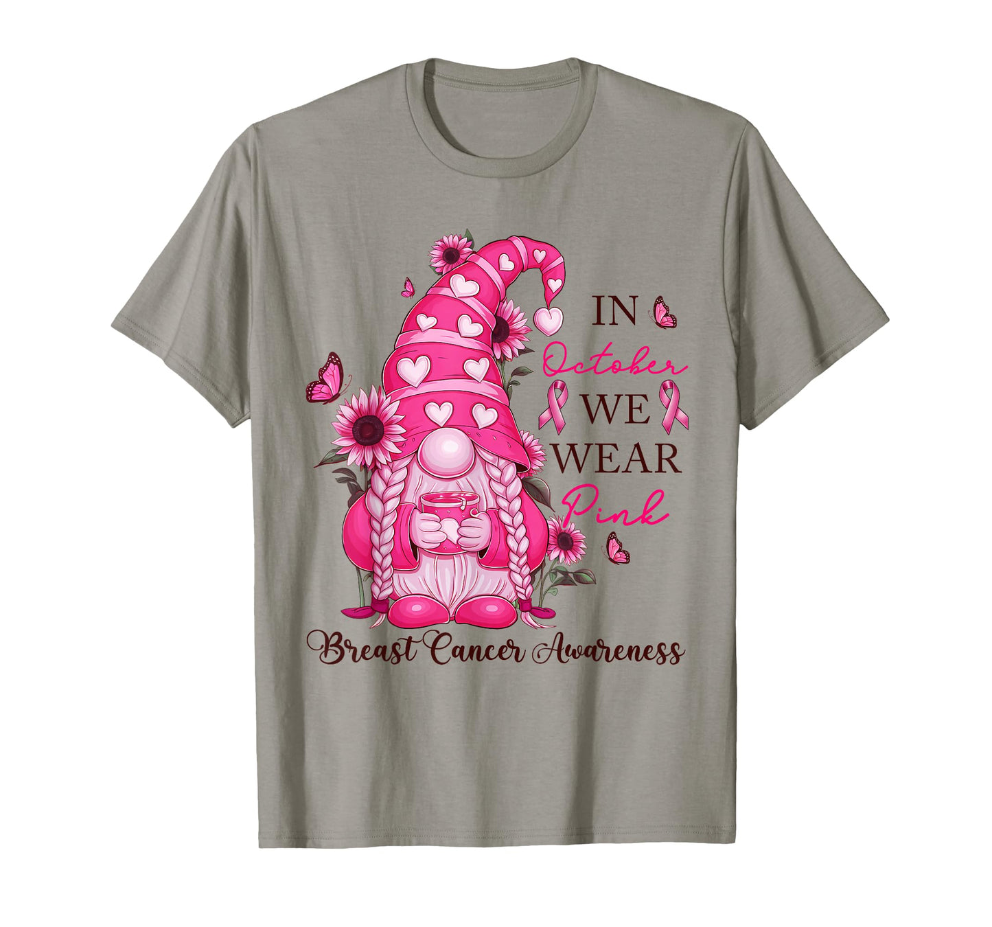 Cute Gnome Breast Cancer Awareness Pink Heart Pink Ribbon T-Shirt
