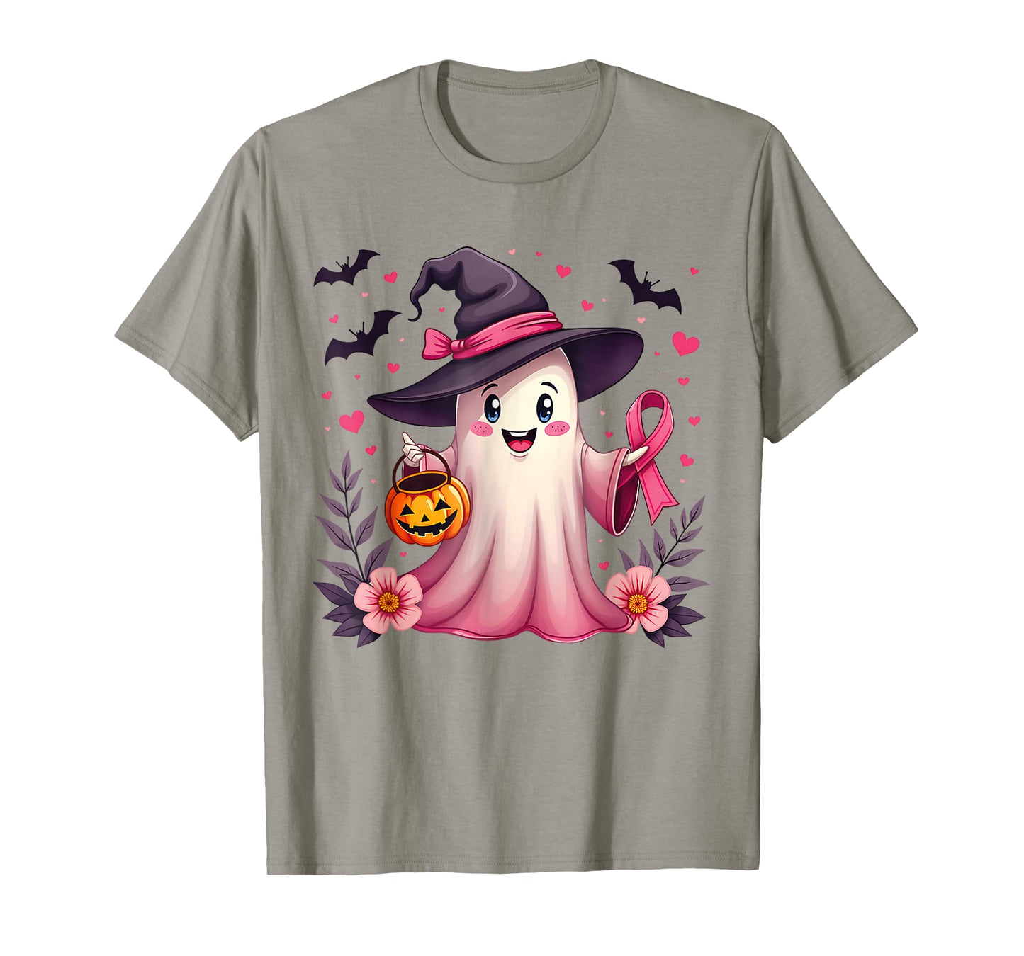 in October We Wear Pink Ghost Witch Breast Cancer Awareness T-Shirt