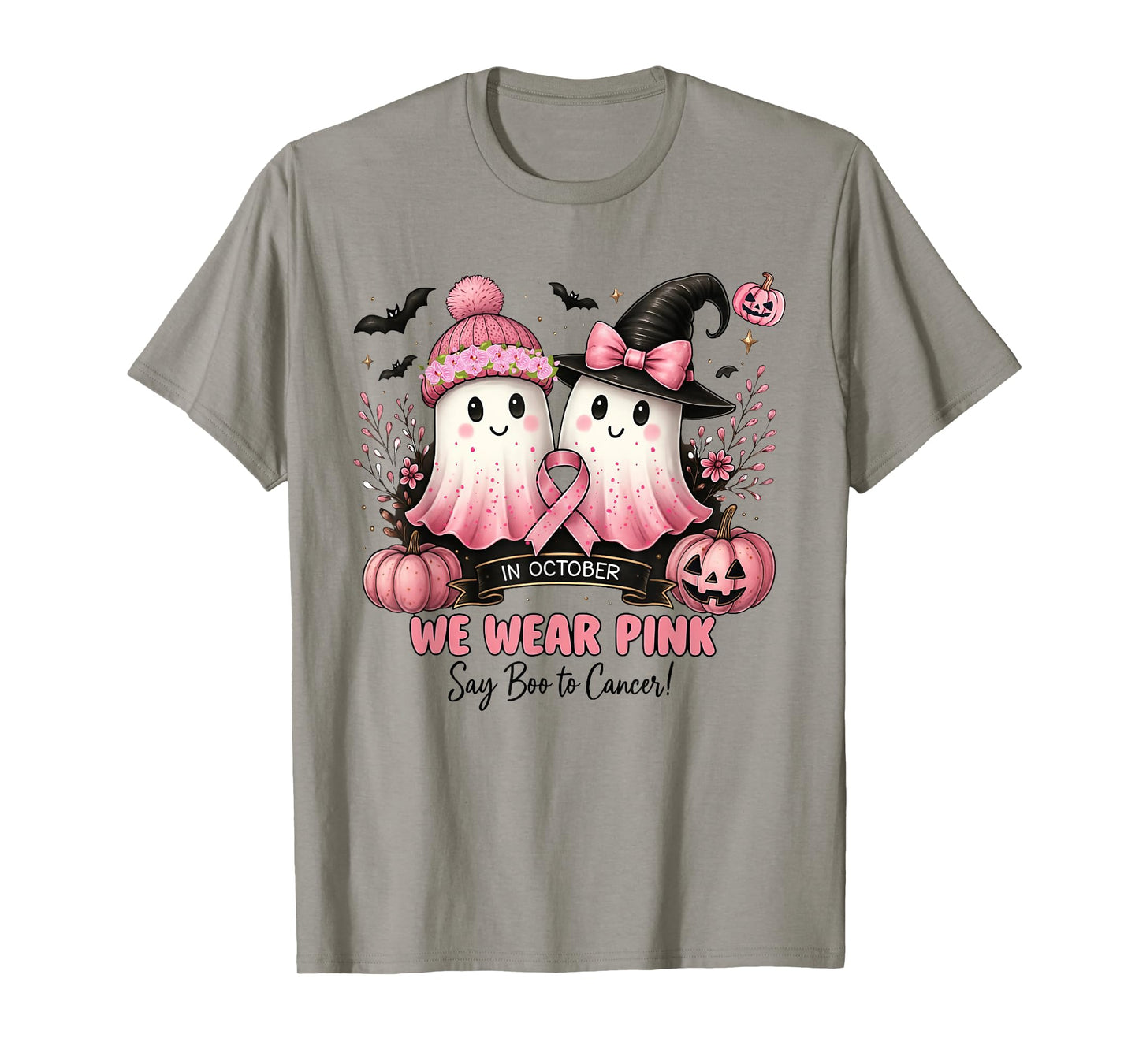 in October We Wear Pink Say Boo to Cancer Halloween Ghost T-Shirt