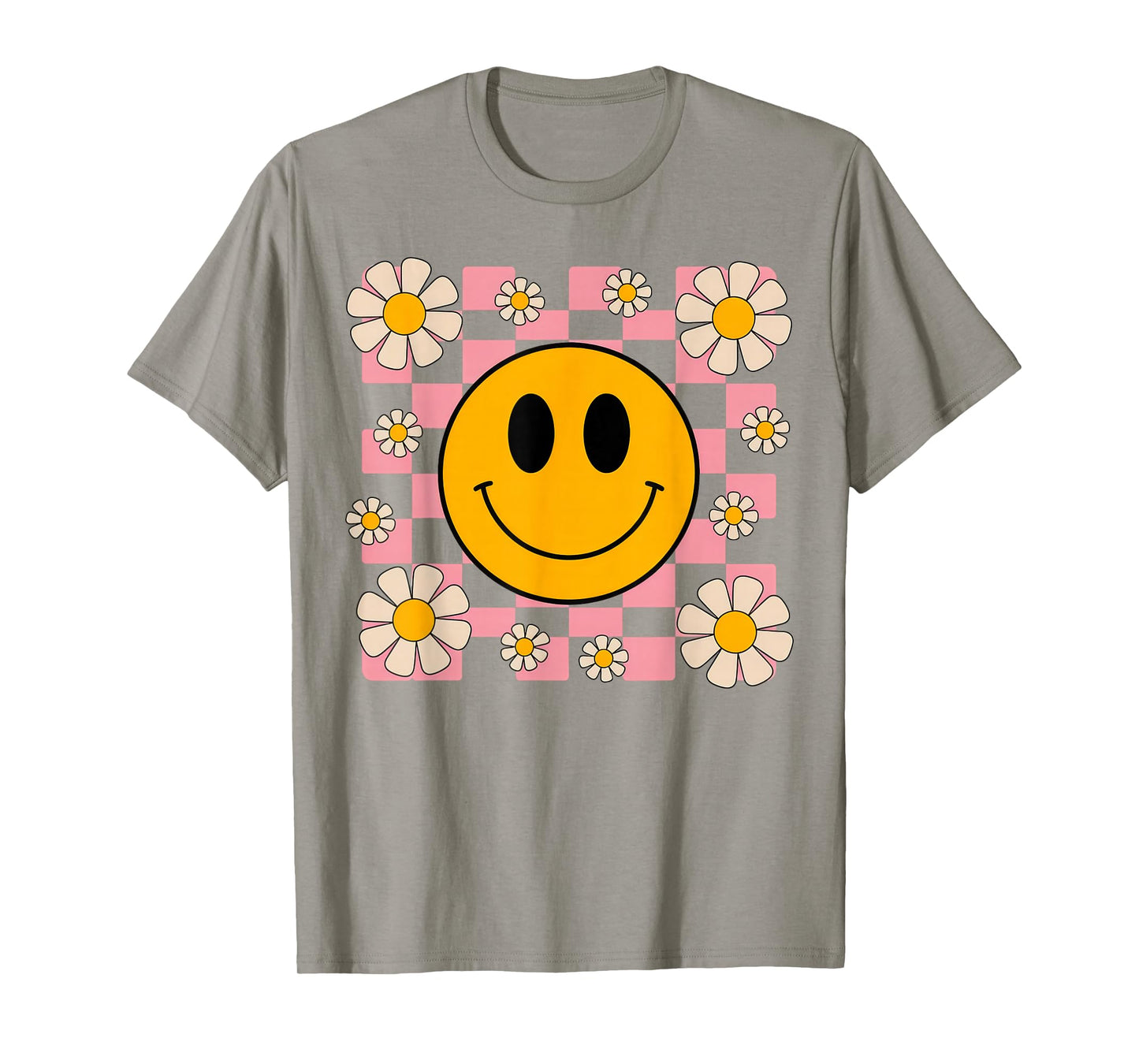 Retro Happy Face Shirt Checkered Pattern Smile Face Trendy T-Shirt