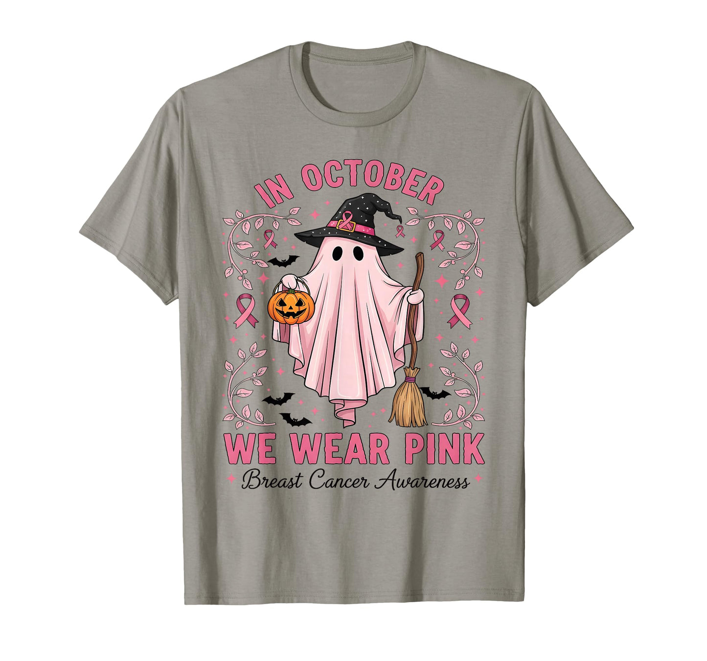 in October We Wear Pink Ghost Witch Breast Cancer Awareness T-Shirt