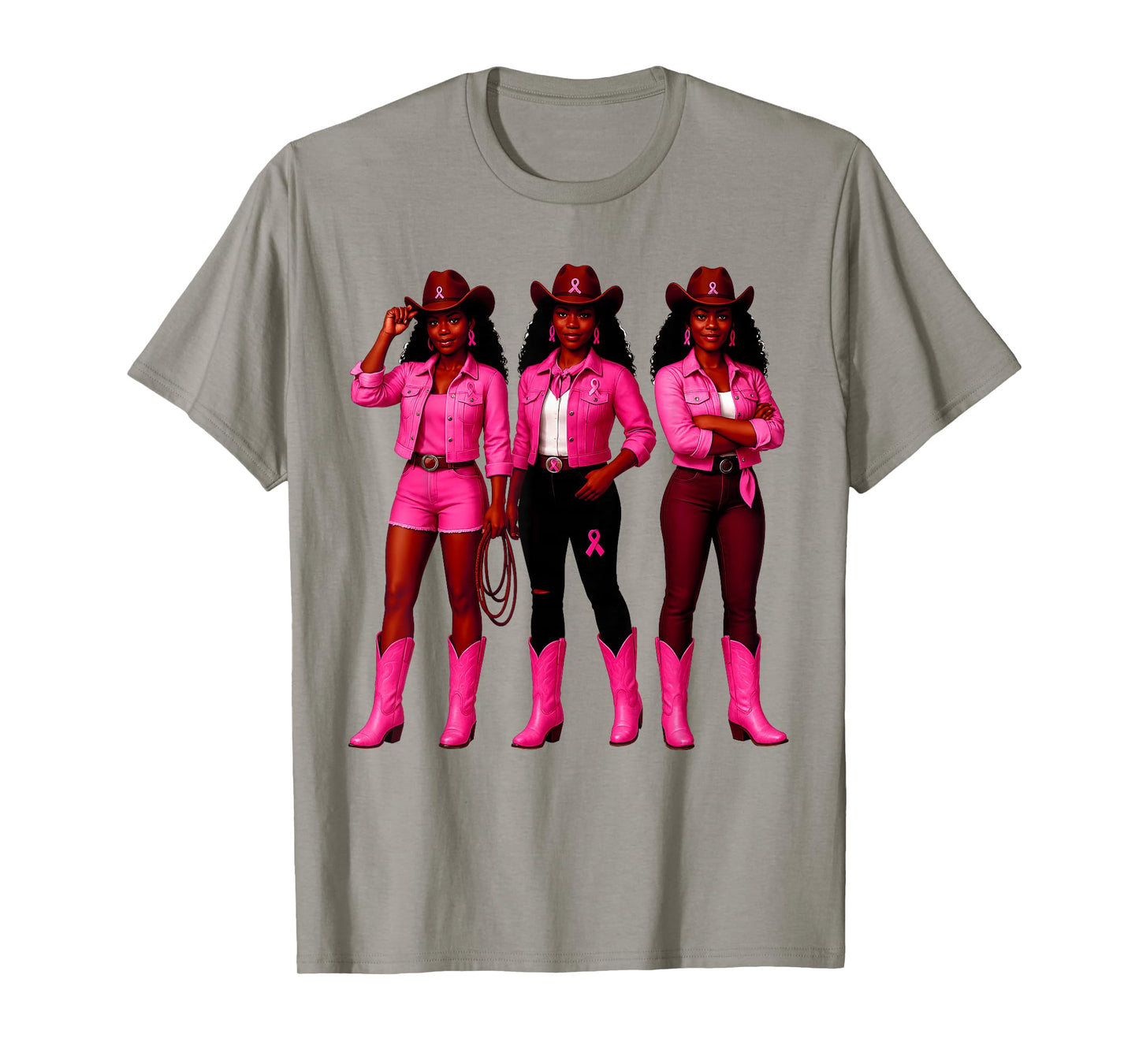 Western Cowgirls Pink Ribbon Breast Cancer Black Women Girls T-Shirt