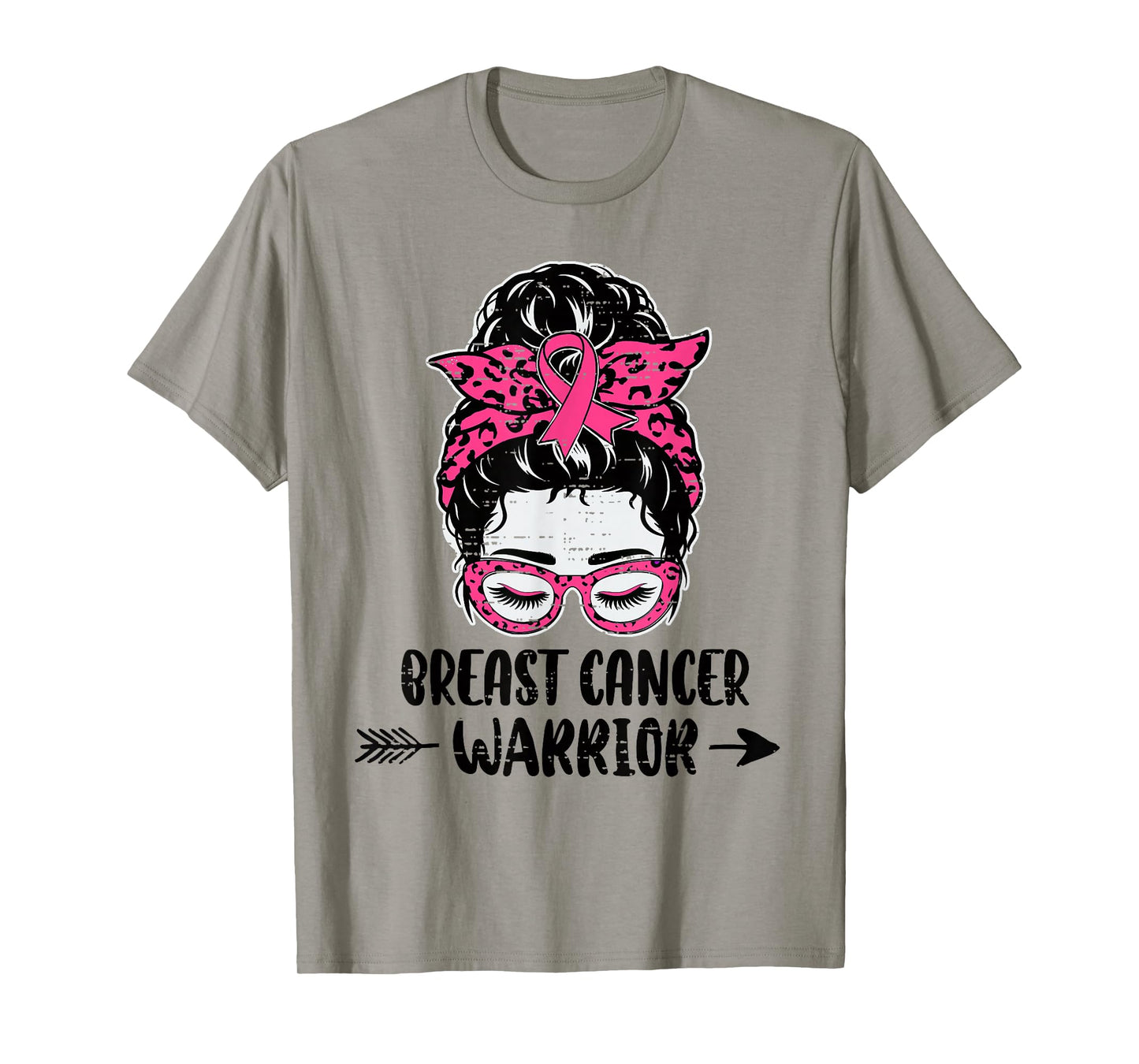 Breast Cancer Warrior Awareness Women Messy Bun Pink Ribbon T-Shirt