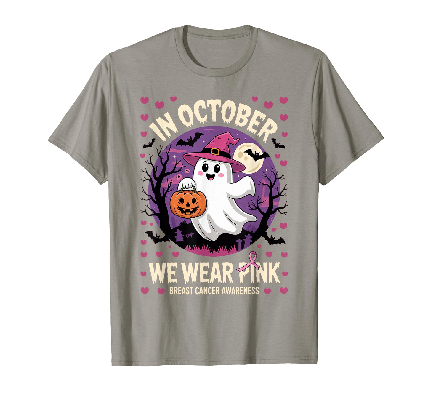 in October We Wear Pink Ghost Halloween Awareness Women T-Shirt