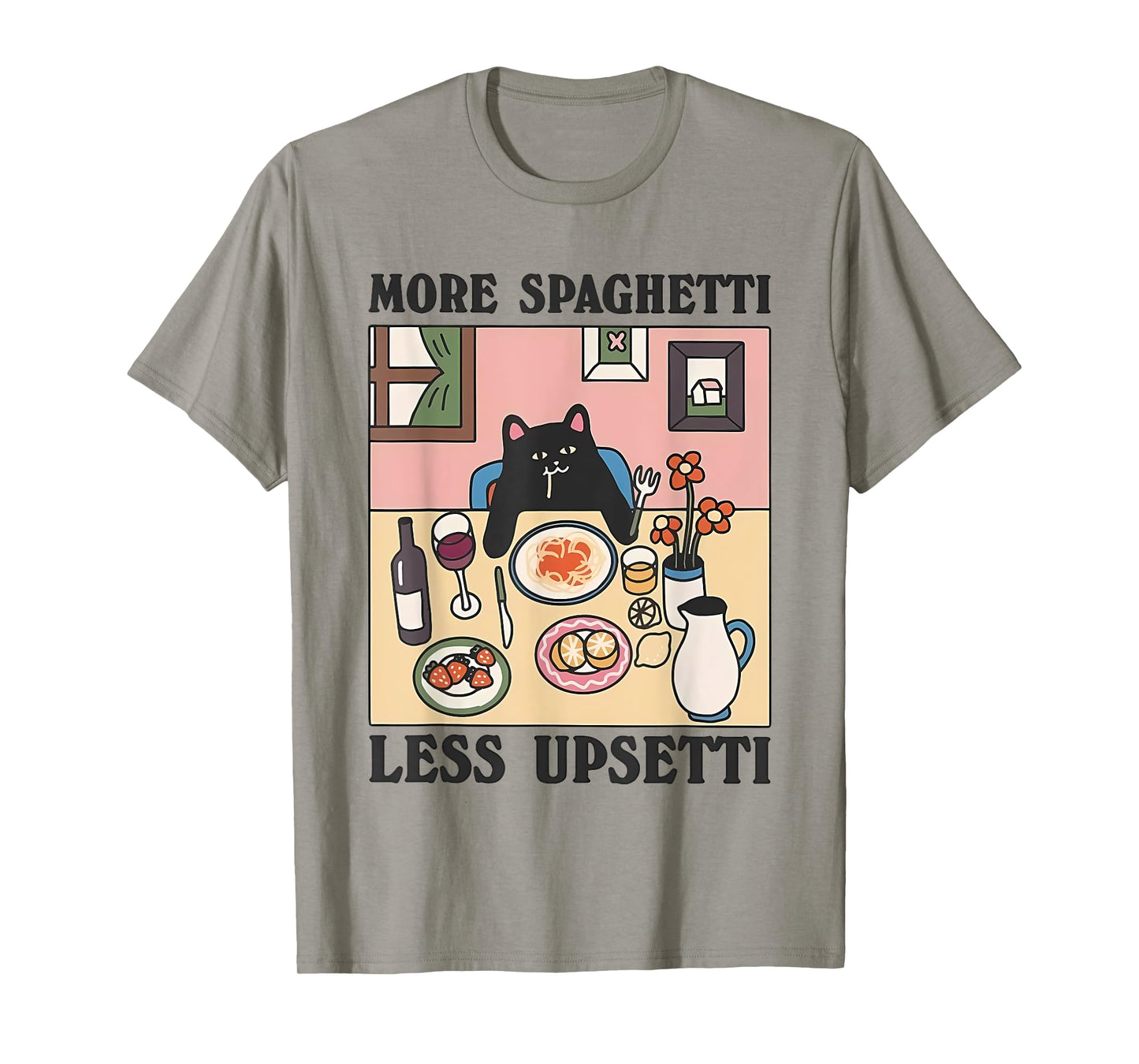 More Spaghetti Less Upsetti Funny Cat Eating Spaghetti T-Shirt for Men Women Girls Kids