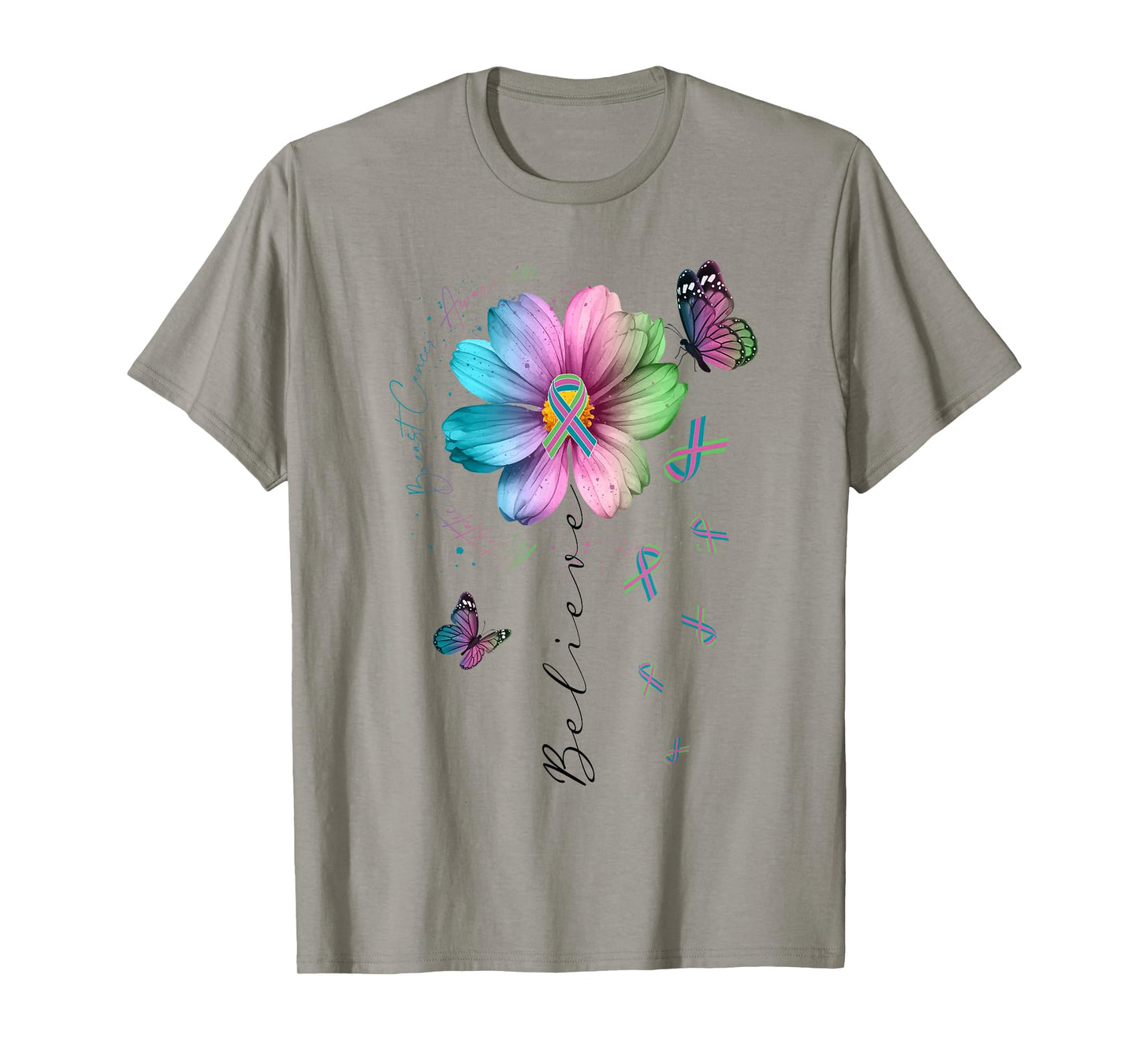 Believe Green Teal Pink Ribbon Cosmos Flower Butterfly MBC T-Shirt