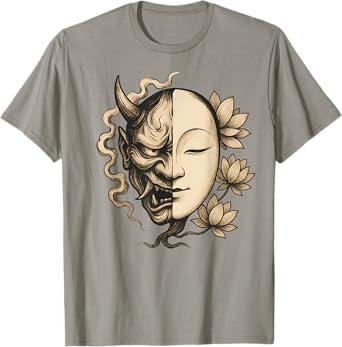 Noh Mask Demon Buddha Zen Japan Lotus Balance Art T-Shirt