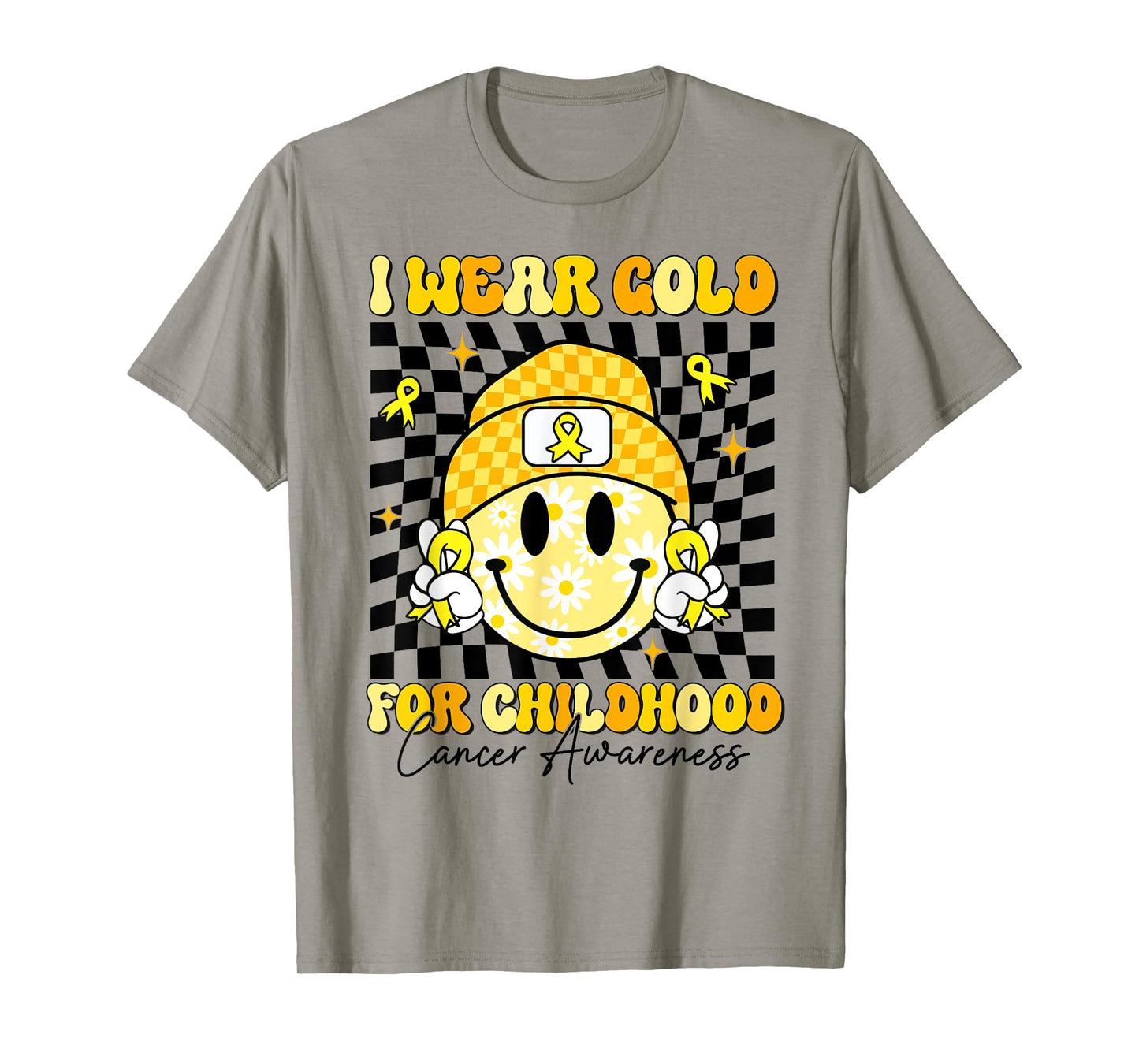 I Wear Gold For Childhood Cancer Smile Face Gold Ribbon Kids T-Shirt