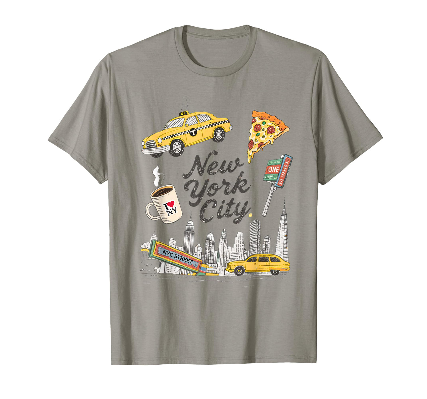 NYC Icons Pizza Taxi Skyline New York Travel Souvenir T-Shirt