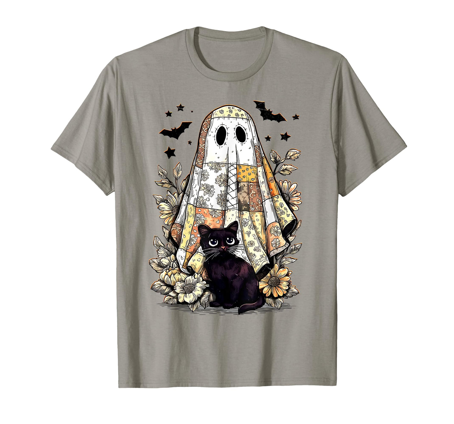 Vintage Halloween Ghost Holding Black Cat Groovy Floral T-Shirt