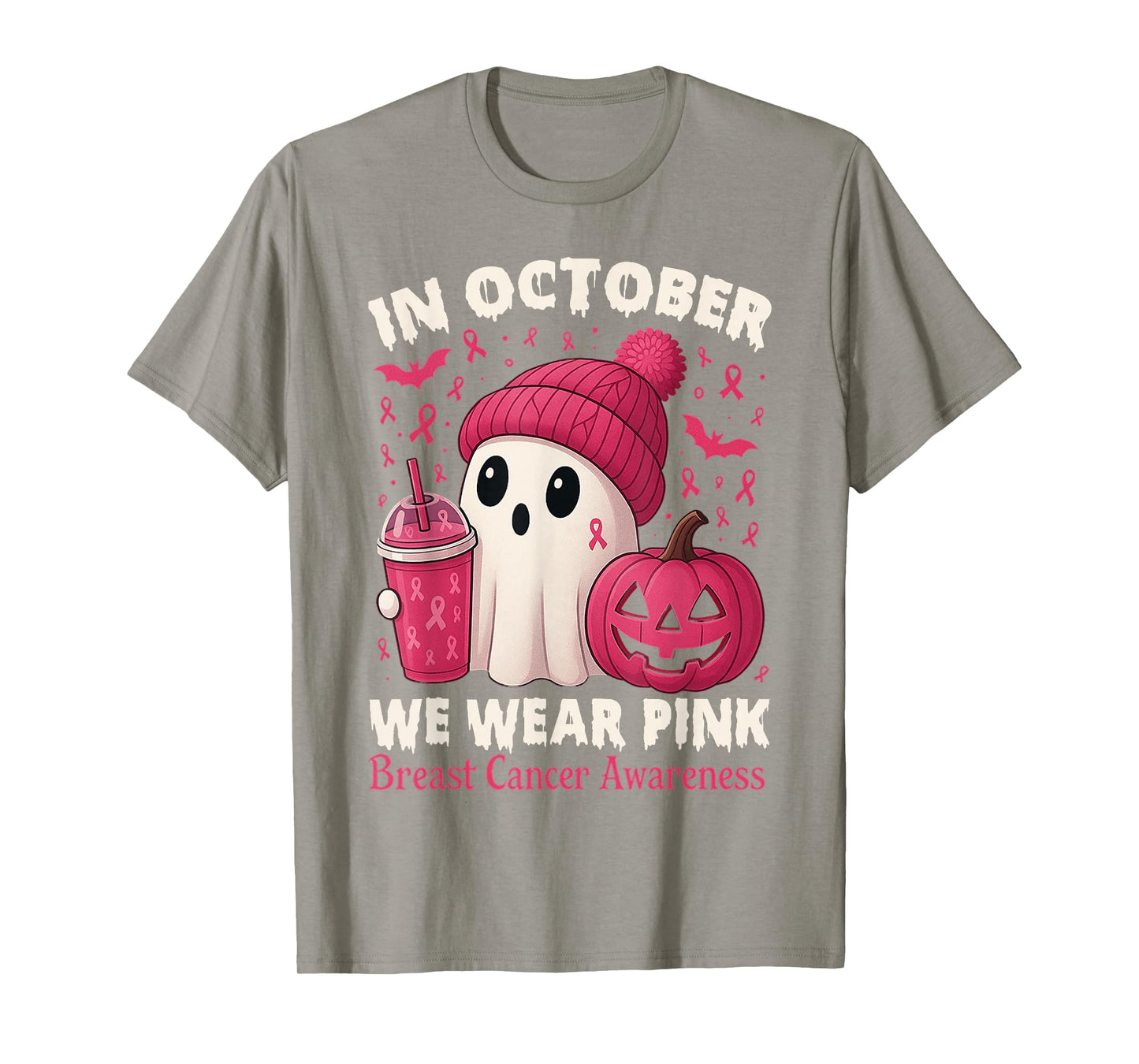 Breast Cancer Ghost Halloween Women in October We Wear Pink T-Shirt