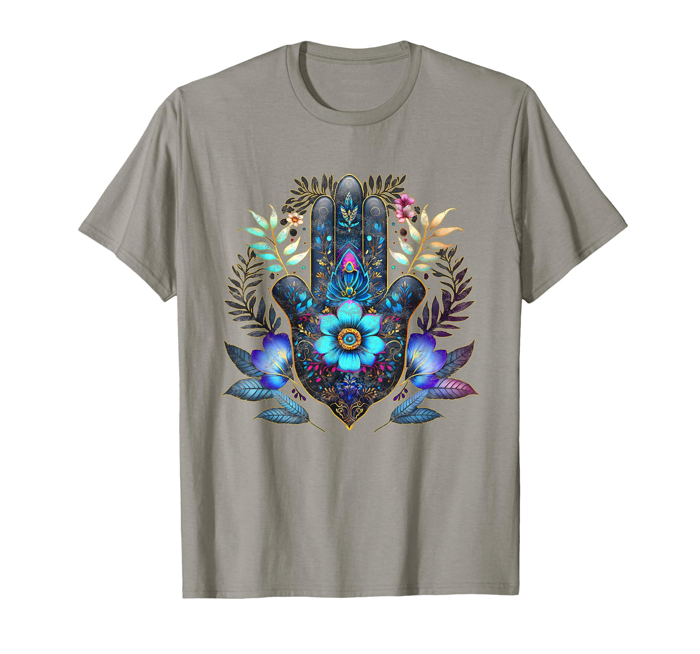 Hamsa, hand, blue, Nazar, flower, eye, charm, vintage, luck T-Shirt