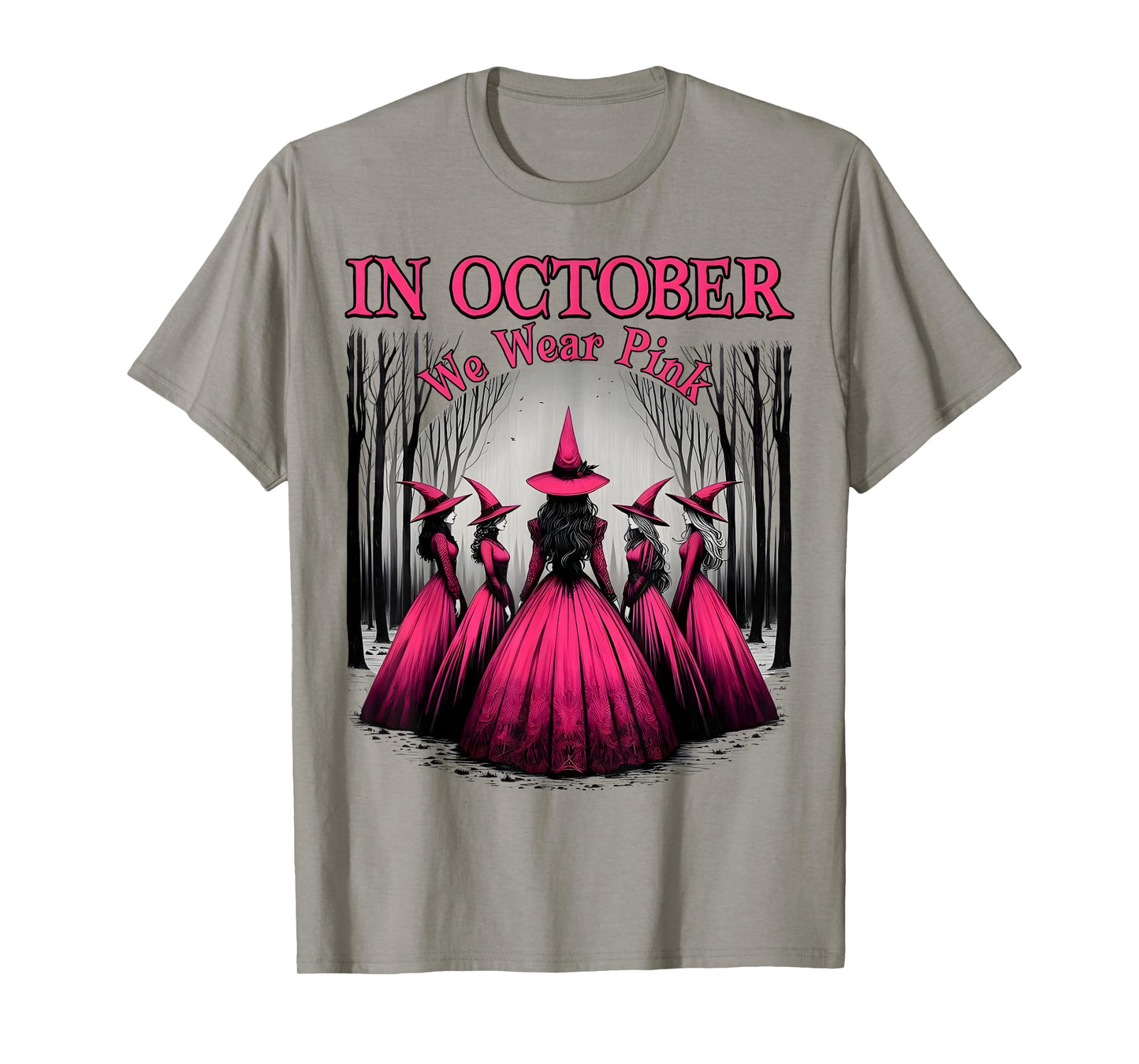 in October We Wear Pink Witch Halloween Breast Cancer Women T-Shirt