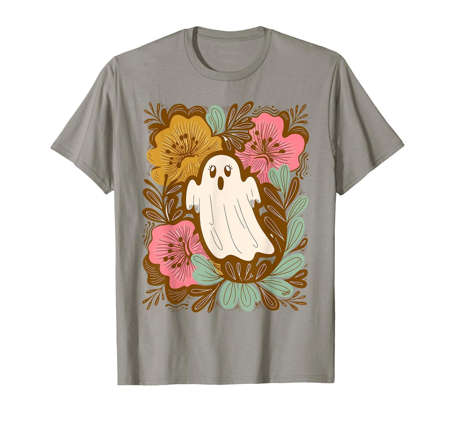 Boho Floral Fall Ghost Girly Pumpkin Autumn Halloween T-Shirt