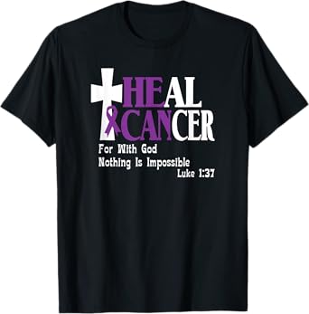 Jones Awareness Designs Pancreatic Cancer Survivor Purple Ribbon He Can Heal Cancer T-Shirt - Unisex-Adults, Black, 3X-Large, Short Sleeve, Classic Fit