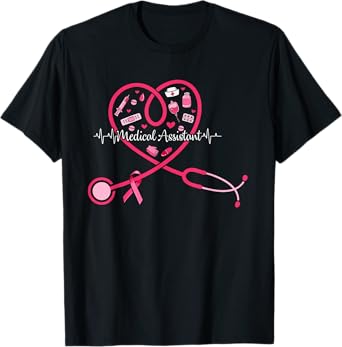 Medical Assistant Pink Stethoscope Heart Pink Breast Cancer T-Shirt