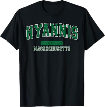 Hyannis Massachusetts Settled 1639 Arched Varsity Green T-Shirt