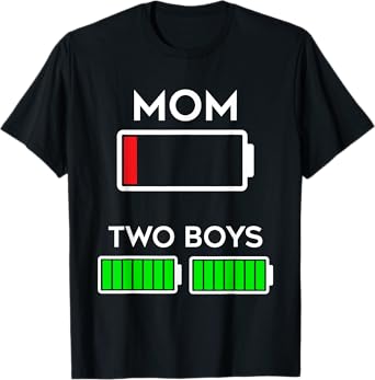 Funny Tired Mom of two Boys Battery Low Design T-Shirt
