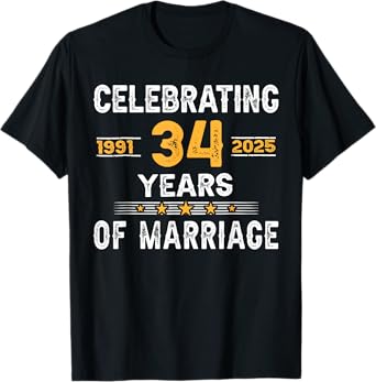 Marriage 34 Years Since 1991 Couple 34th Wedding Anniversary T-Shirt